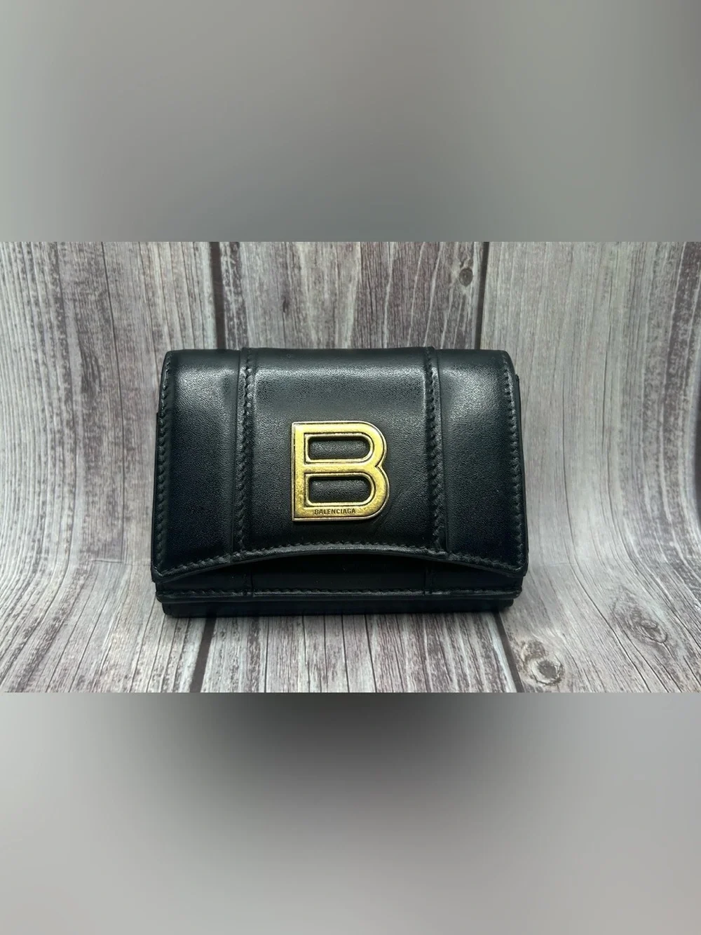 BALENCIAGA Hourglass Mini Wallet in Black Shiny Box Calfskin Leather w/ COA